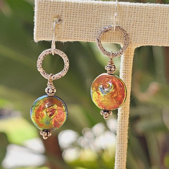 Freshwater Pearl Irrid. Coin Beads Ant. Sterling Etched Earrings - Picture 4 of 7